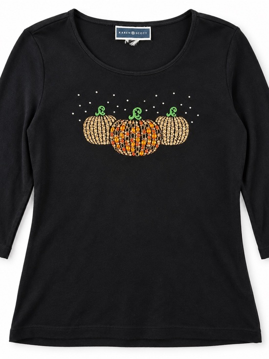 Karen Scott Tops - Karen Scott Embellished Pumpkin Top Medium Black Rhinestone Halloween